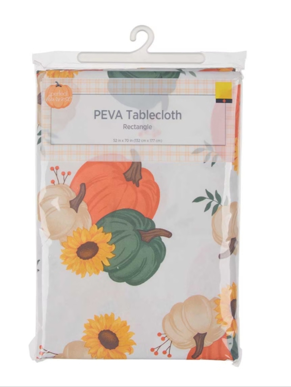 PEVA Tablecloth with Sunflower & Pumpkin Print - Orange, Green, Yellow 60in Roun